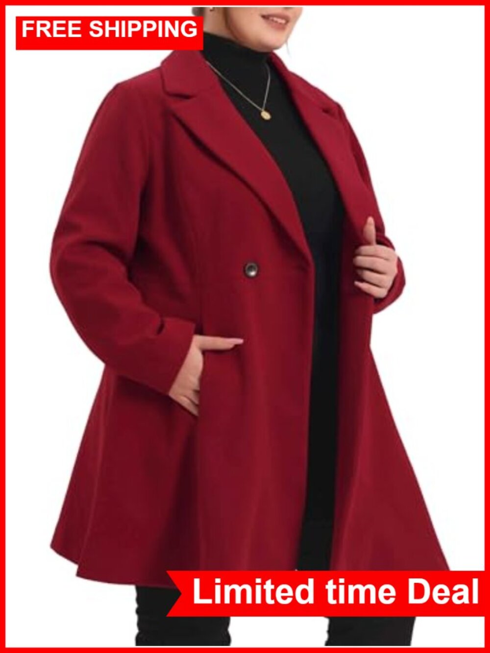 Plus Size Peacoat A Line Long Trench Coat Notched Lapel Double Breasted